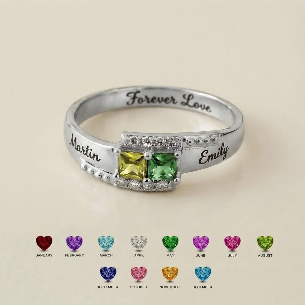 Personalized two-name birthstone ring with inside engraving