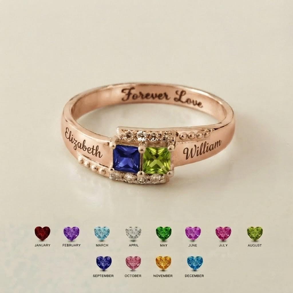 Personalized two-name birthstone ring with inside engraving