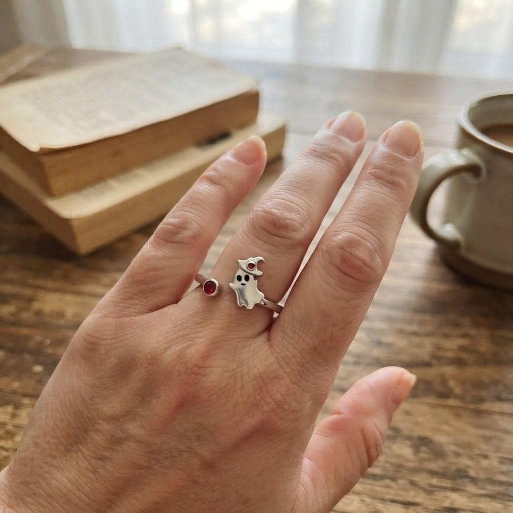 Halloween ring with ghost, witch hat and birthstone detail