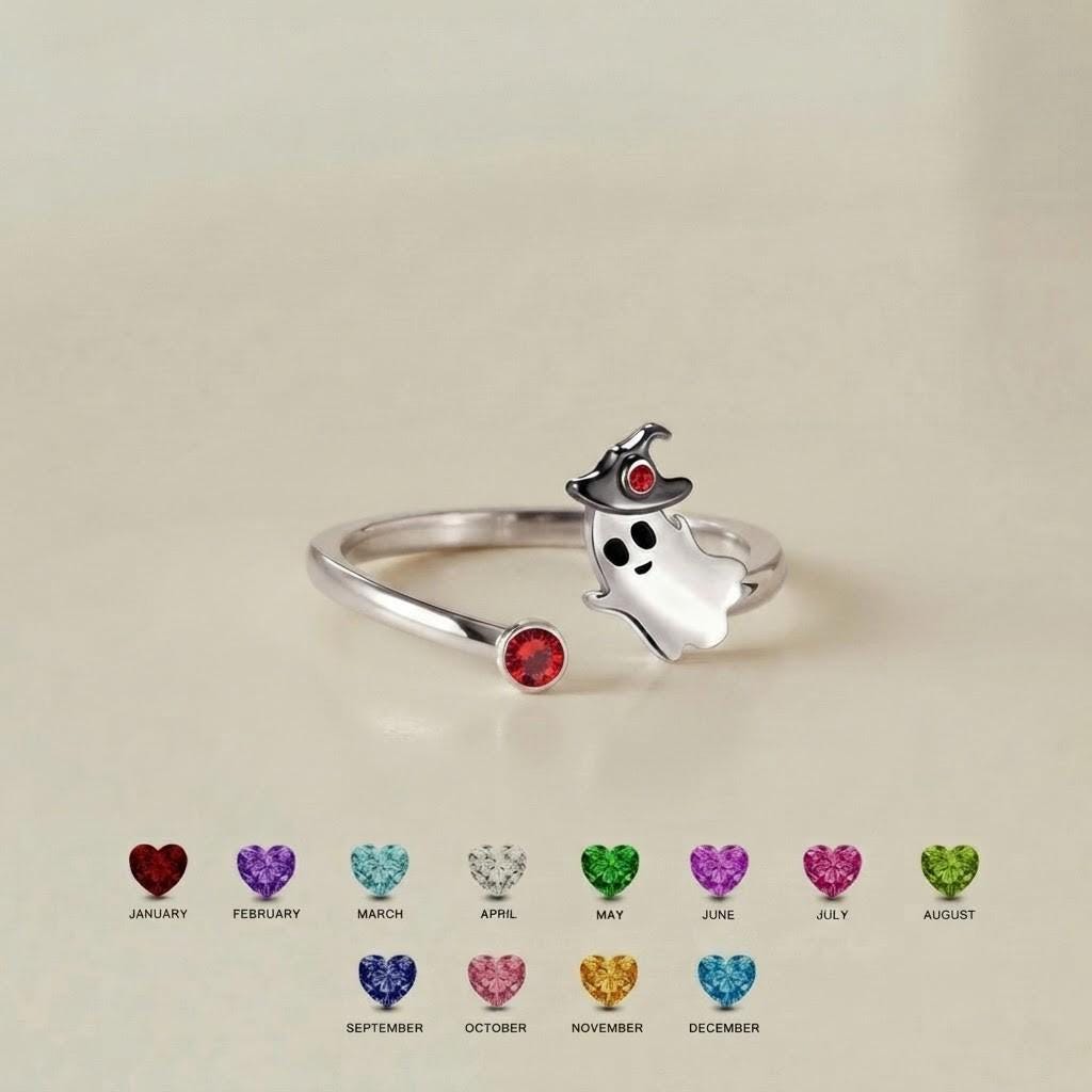 Personalized Halloween ghost ring with birthstone accent