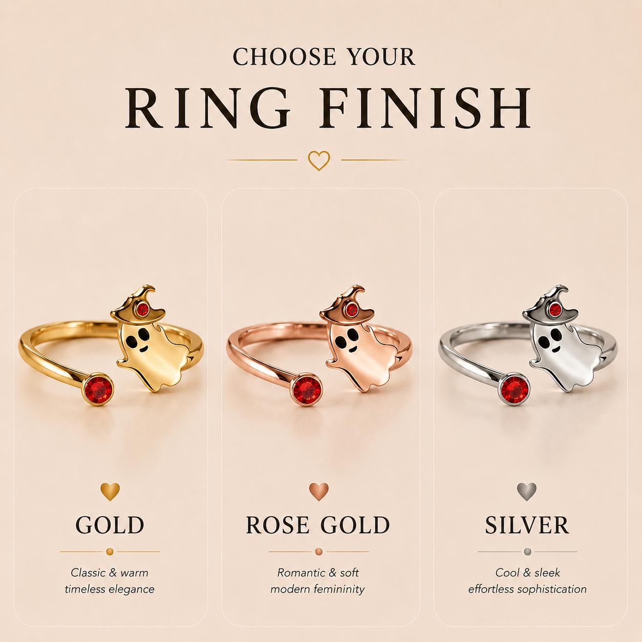 Personalized ghost and witch hat birthstone Halloween ring