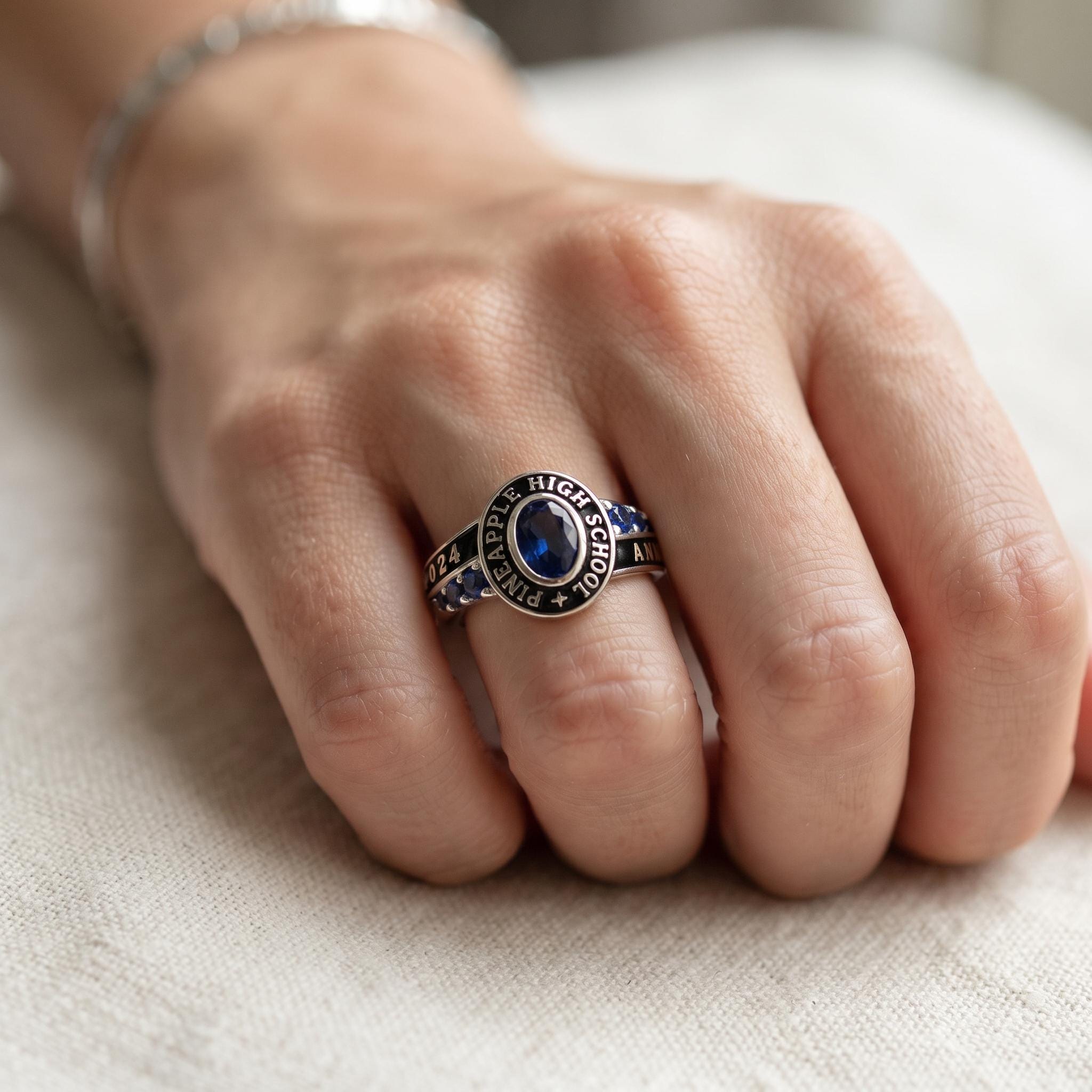Personalized School Class Graduation Birthstone Ring | Custom Engraved Birthstone Ring For Senior | Elegant Academic Gift | B