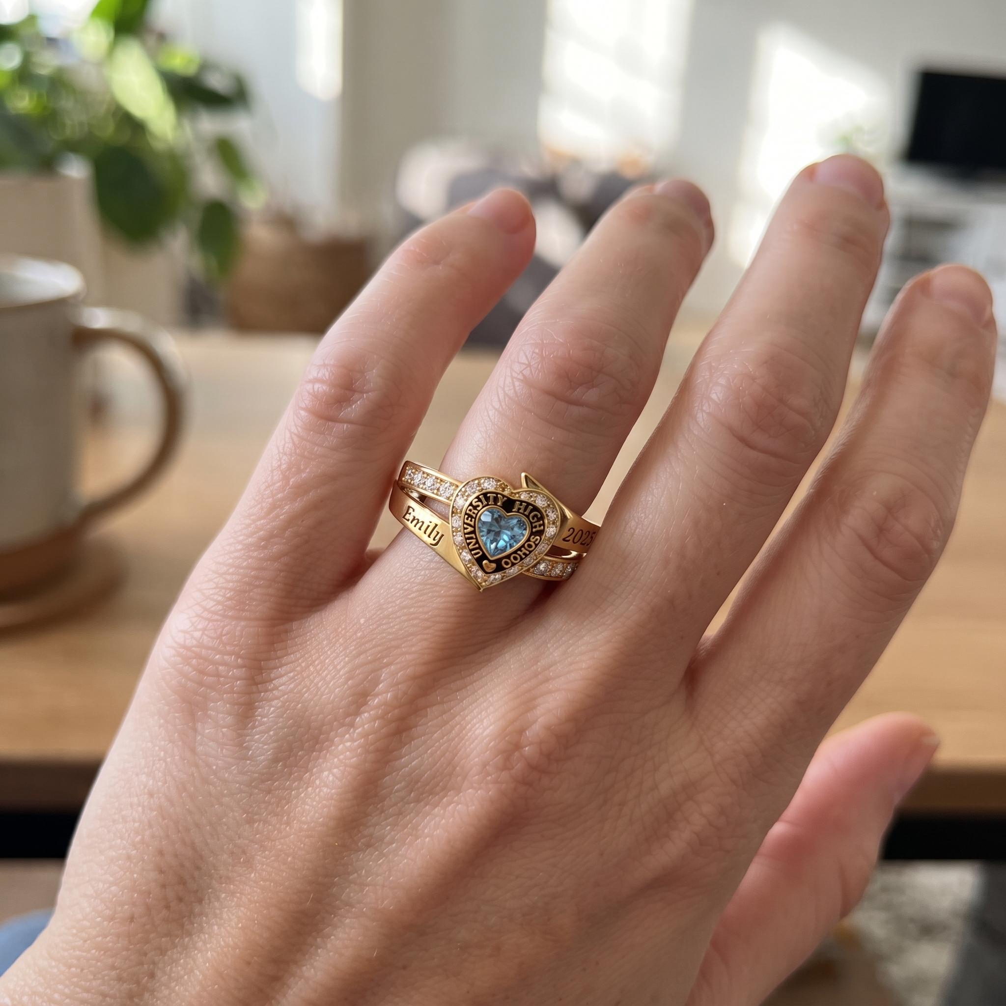 Personalized Heart School Class Birthstone Ring | Custom Engraved Graduation Birthstone Ring Gift | Elegant School Jewelry |