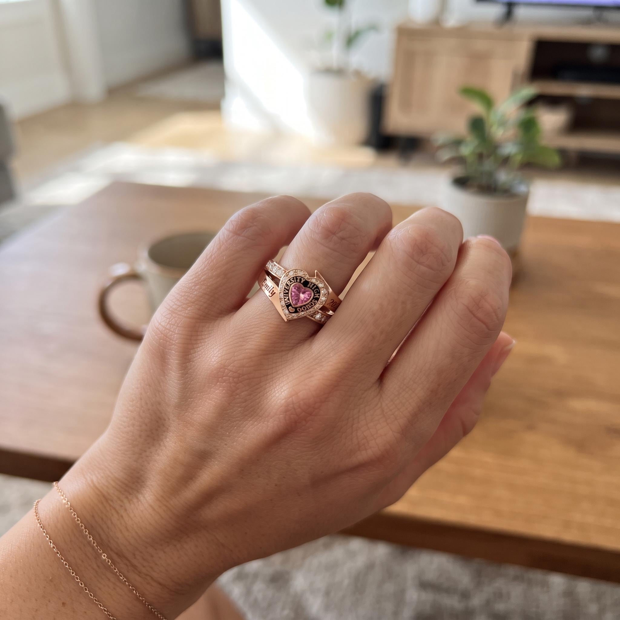 Personalized Heart School Class Birthstone Ring | Custom Engraved Graduation Birthstone Ring Gift | Elegant School Jewelry |