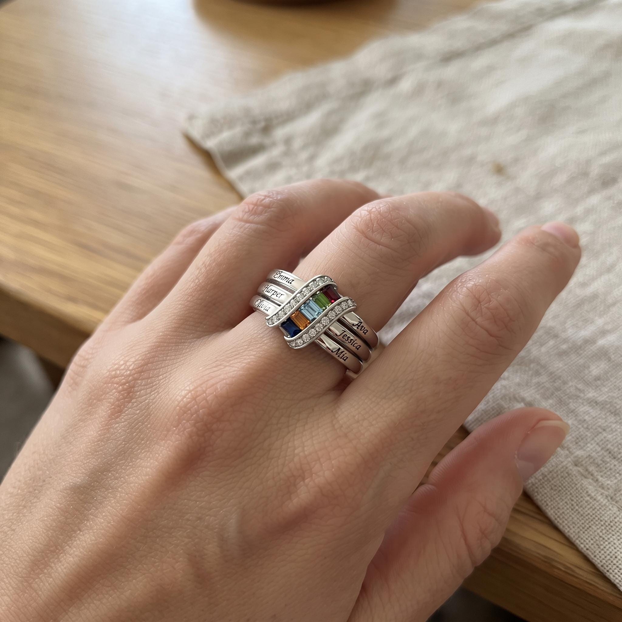 Personalized Six Birthstone Name Ring | Ribbon Wrap Family Birthstone Ring for Mother Daughter Jewelry | Sentimental Family G