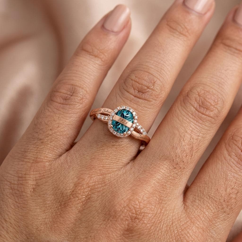 Personalized engraved family birthstone ring with names and dates