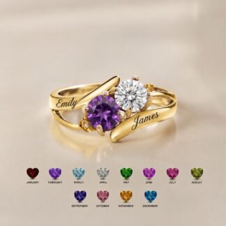 Personalized two-name two-birthstone ring