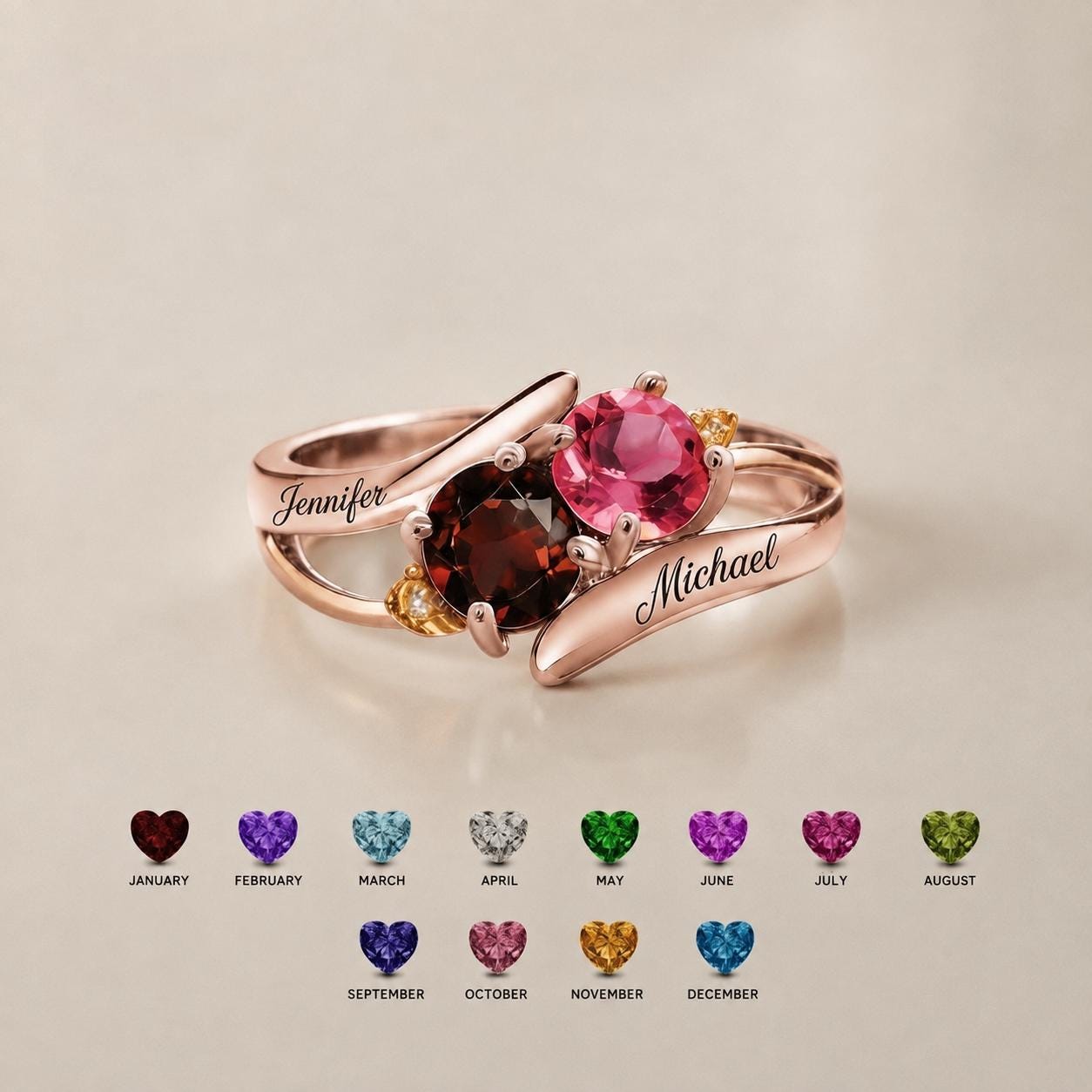 Personalized two-name two-birthstone ring