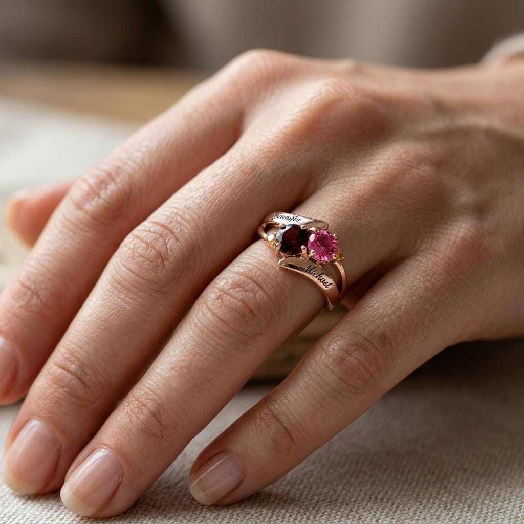 Personalized two-name two-birthstone ring