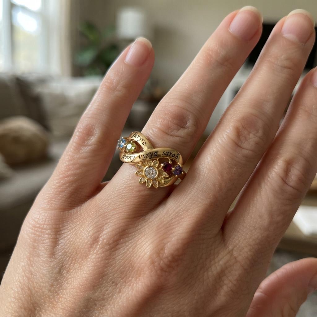 Personalized sunflower name and birthstone family ring