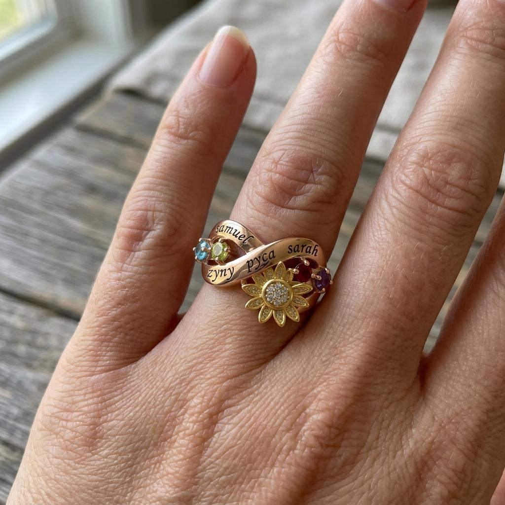 Personalized sunflower name and birthstone family ring