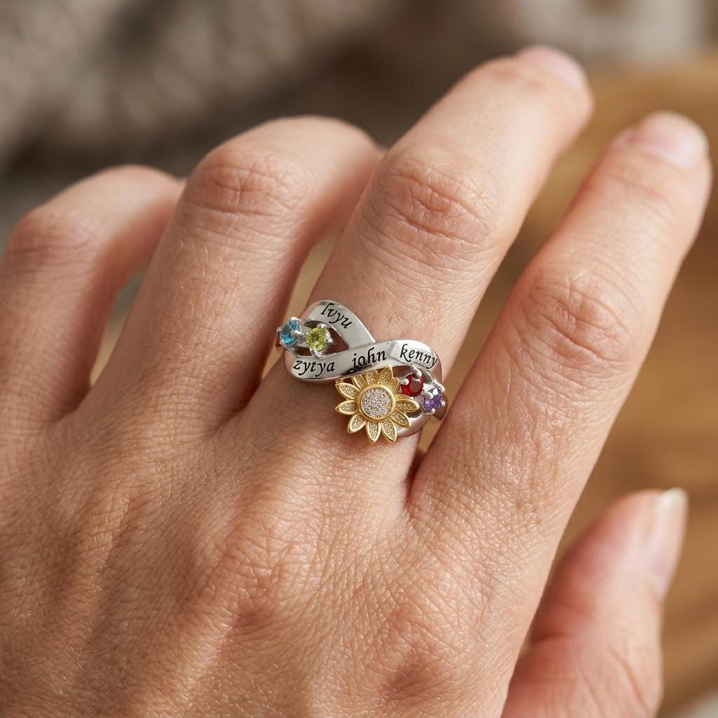 Personalized sunflower name and birthstone family ring