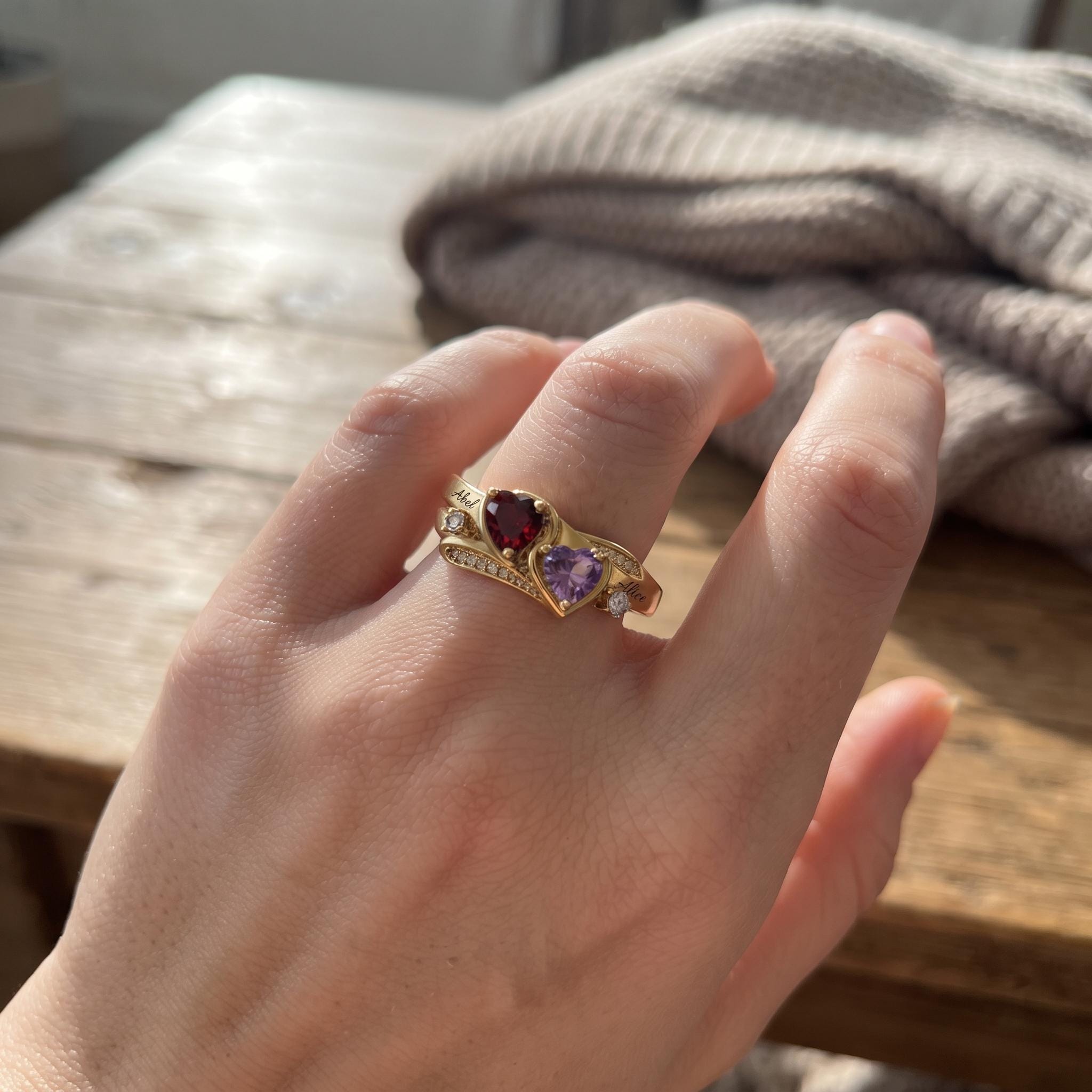 Personalized two-heart name and birthstone ring