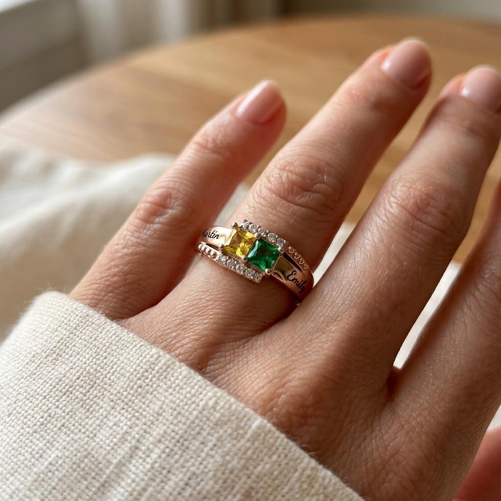 Personalized two-name birthstone ring with inside engraving