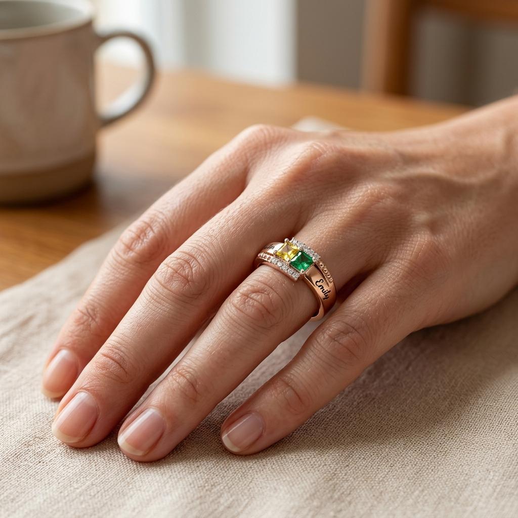 Personalized two-name birthstone ring with inside engraving