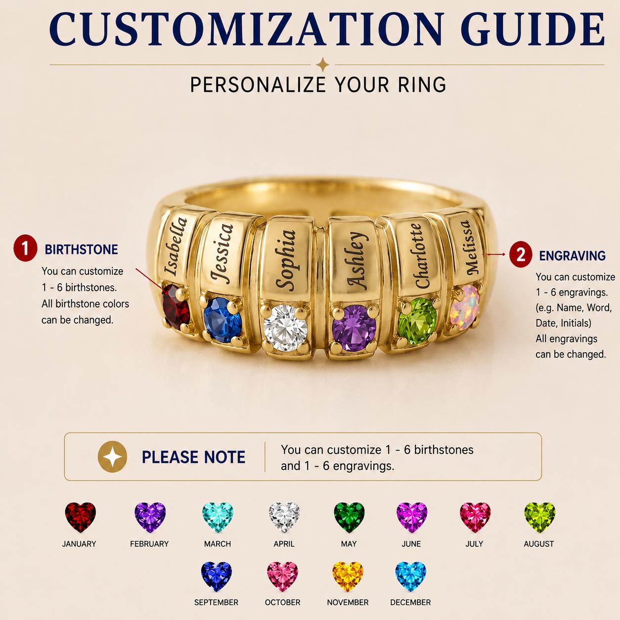 Personalized Six Birthstone Name Ring | Custom Engraved Family Ring for Mother Daughter Jewelry | Meaningful Family Gift | BR