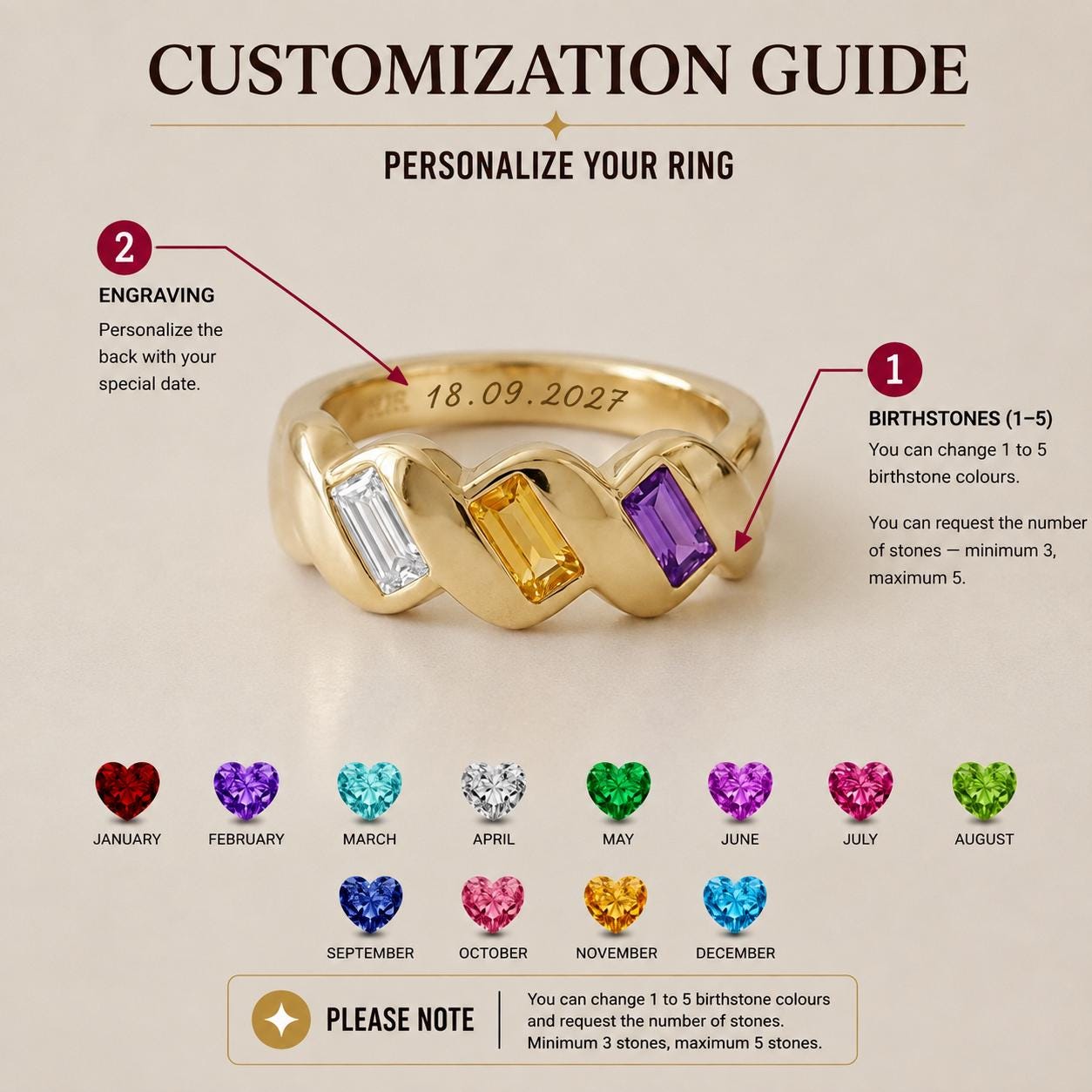 Personalized 3 Birthstone Ring for Mom | Custom Family Birthstone Band Gift | Mothers Day Jewelry for Grandma Mother | BRS107