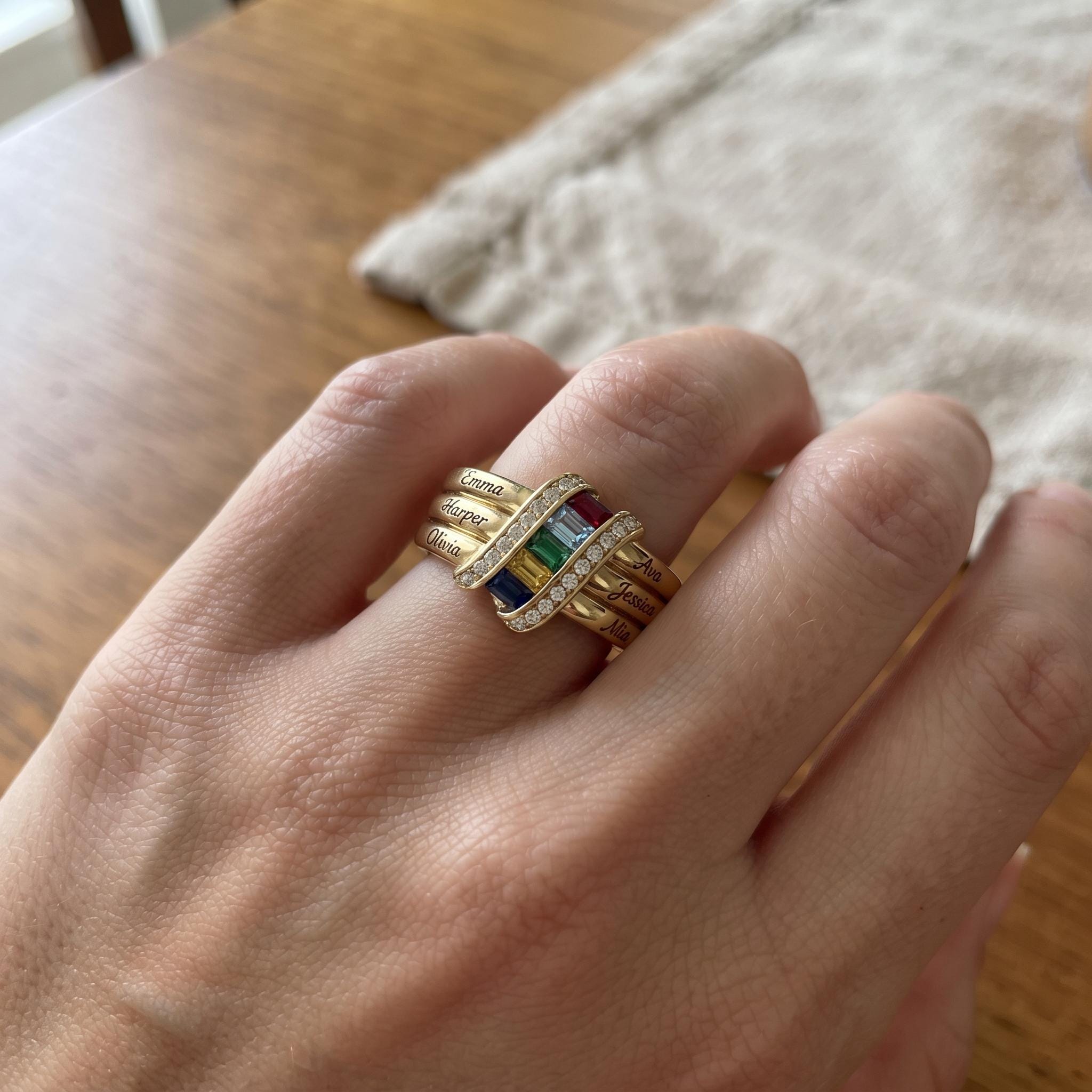 Personalized Six Birthstone Name Ring | Ribbon Wrap Family Birthstone Ring for Mother Daughter Jewelry | Sentimental Family G