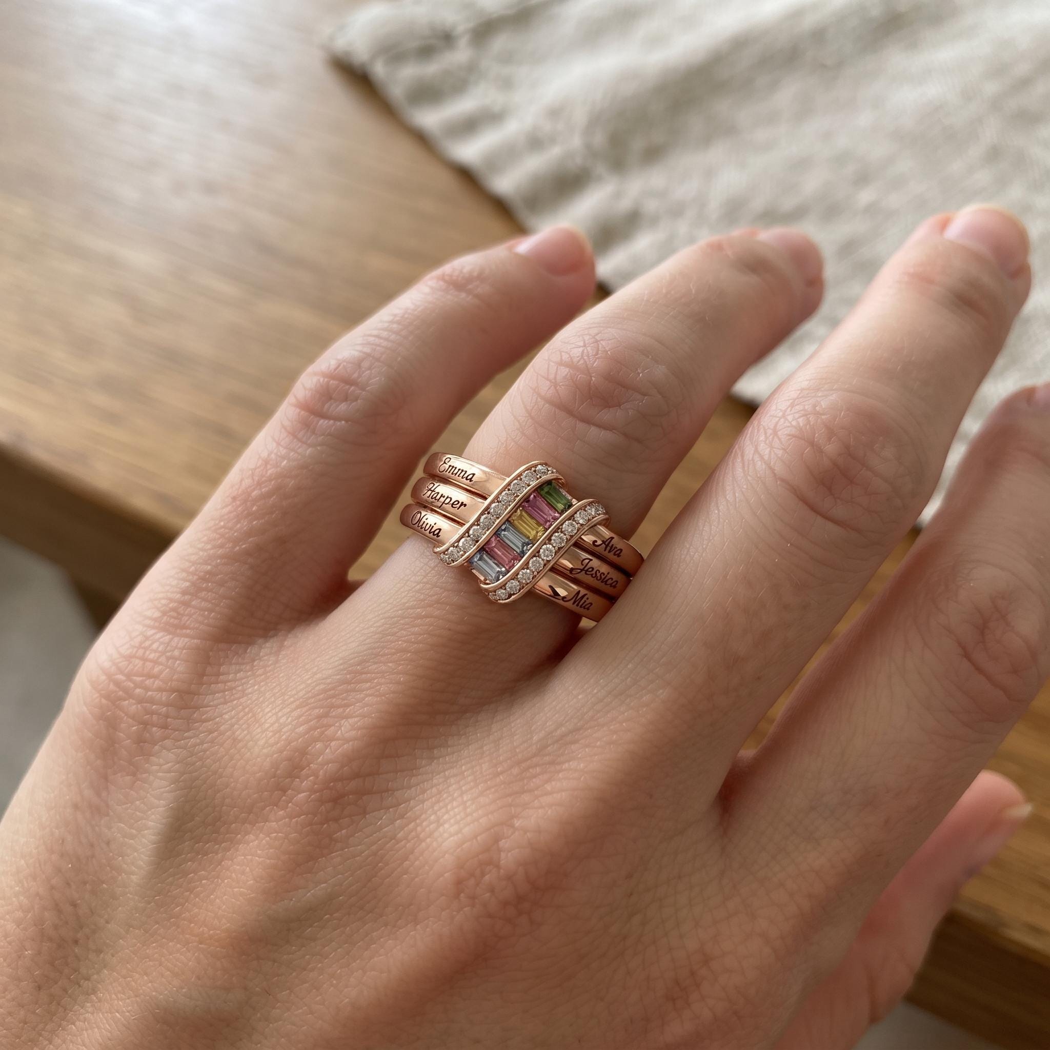 Personalized Six Birthstone Name Ring | Ribbon Wrap Family Birthstone Ring for Mother Daughter Jewelry | Sentimental Family G