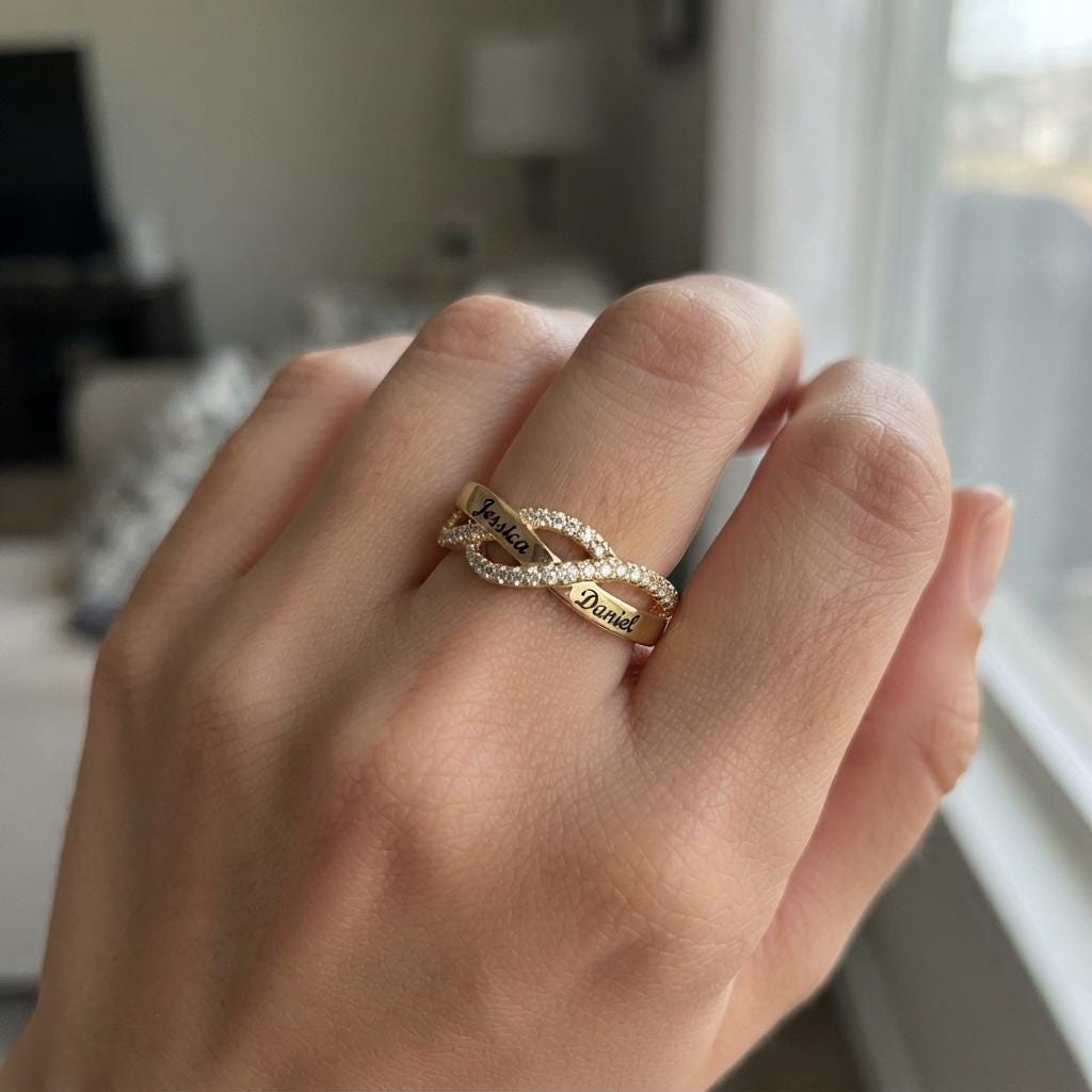 Personalized infinity name ring with pavé accent stones