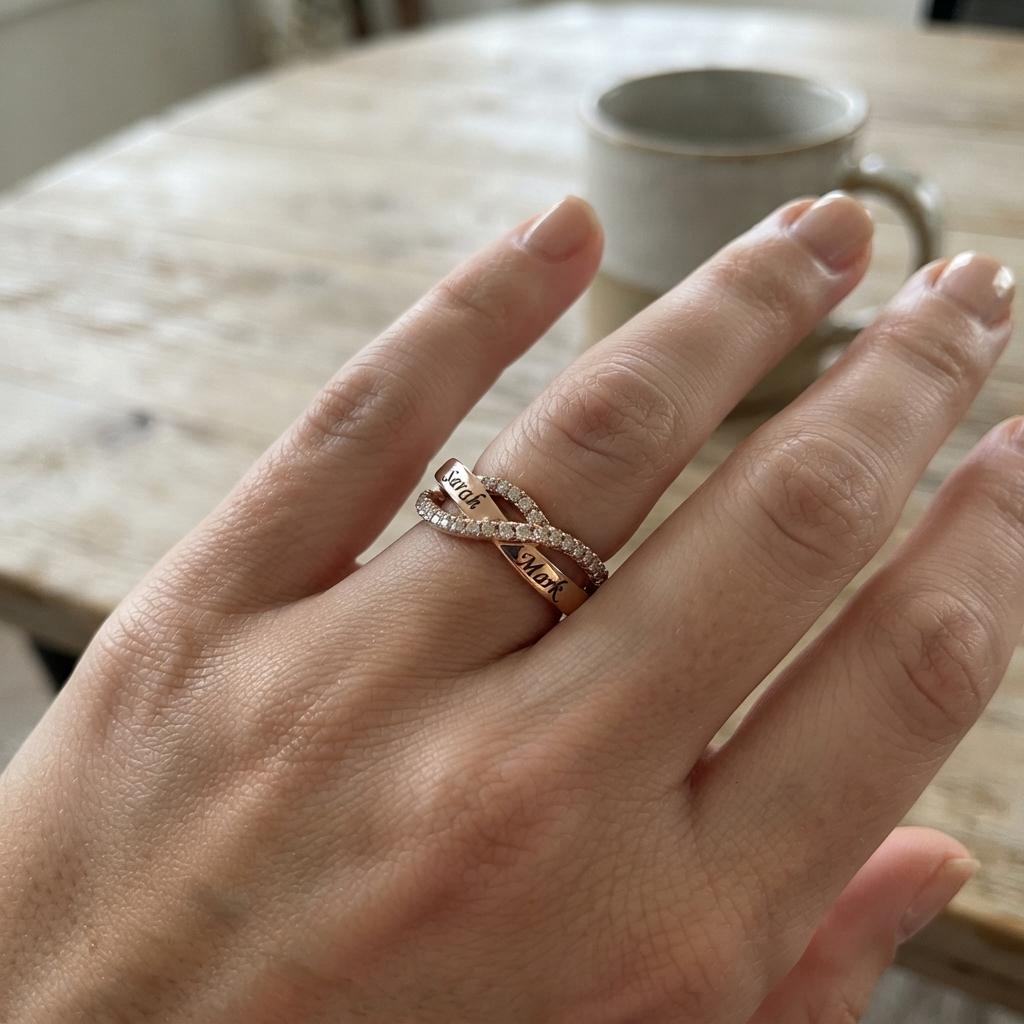Personalized infinity name ring with pavé accent stones