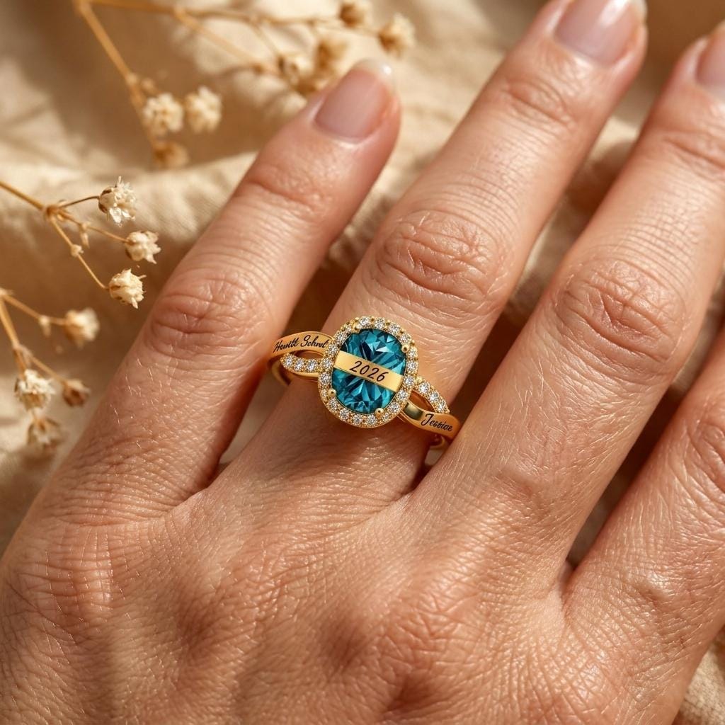 Personalized engraved family birthstone ring with names and dates