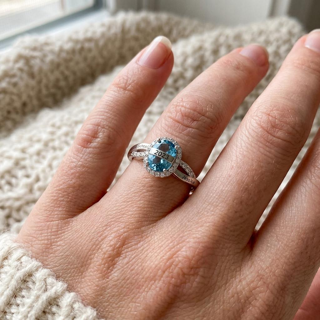Personalized engraved family birthstone ring with names and dates
