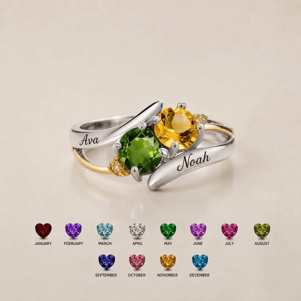 Personalized two-name two-birthstone ring