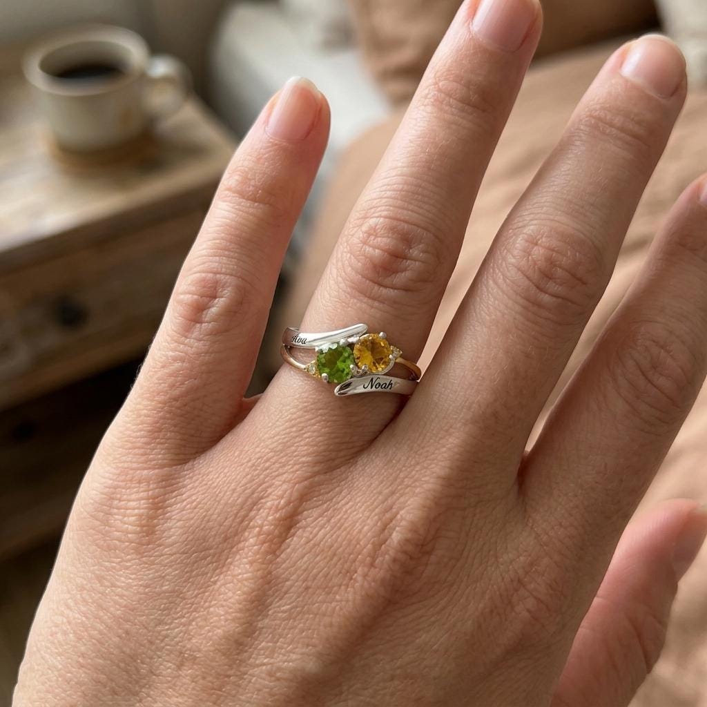Personalized two-name two-birthstone ring