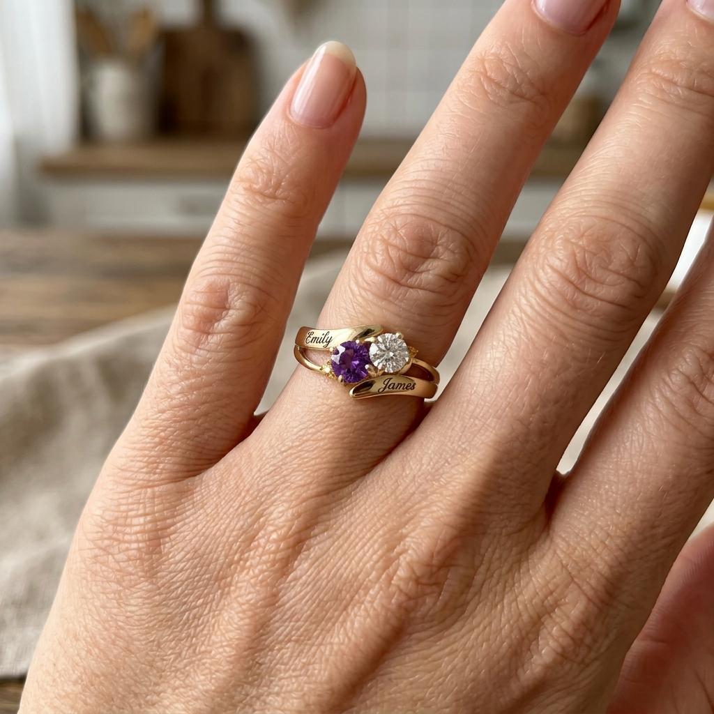 Personalized two-name two-birthstone ring