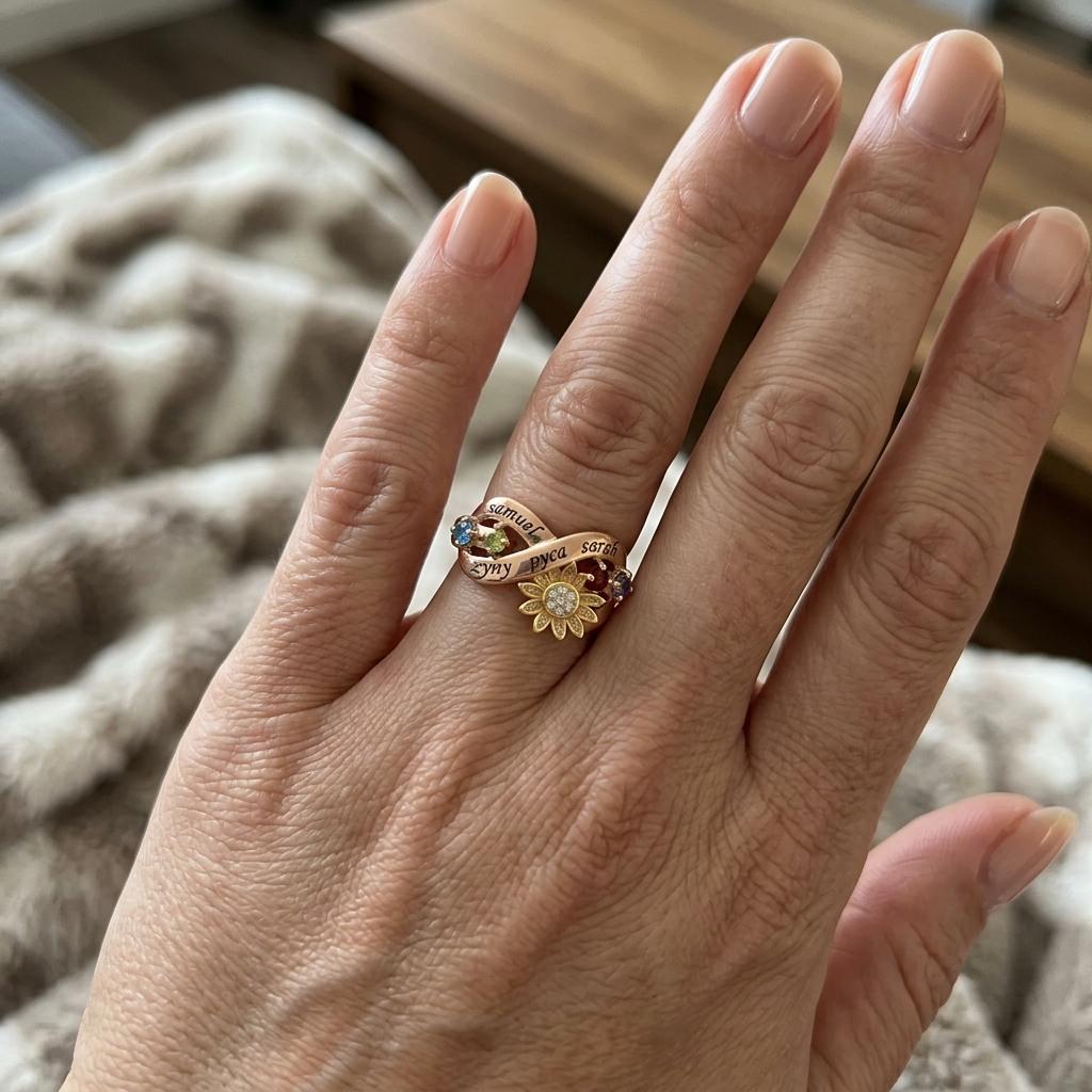 Personalized sunflower name and birthstone family ring