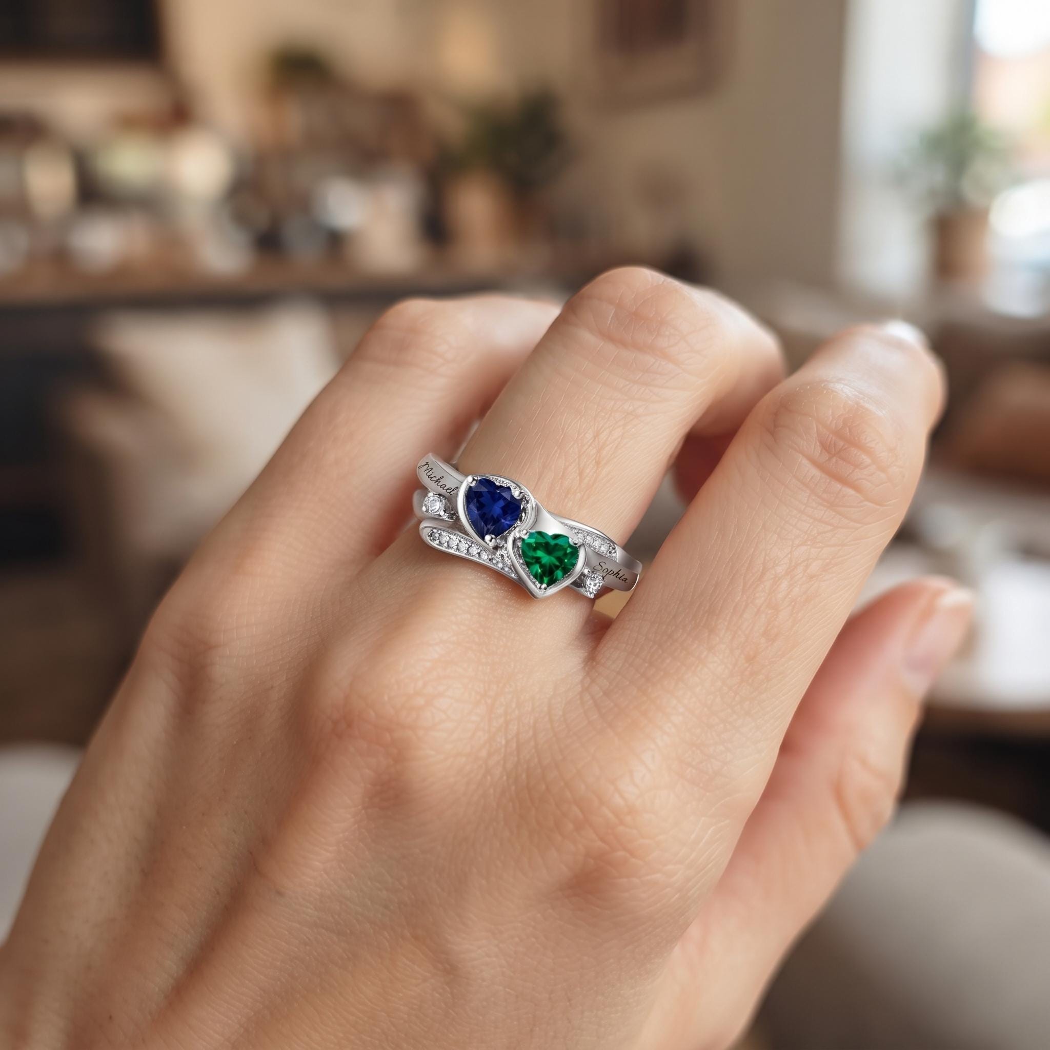 Personalized two-heart name and birthstone ring