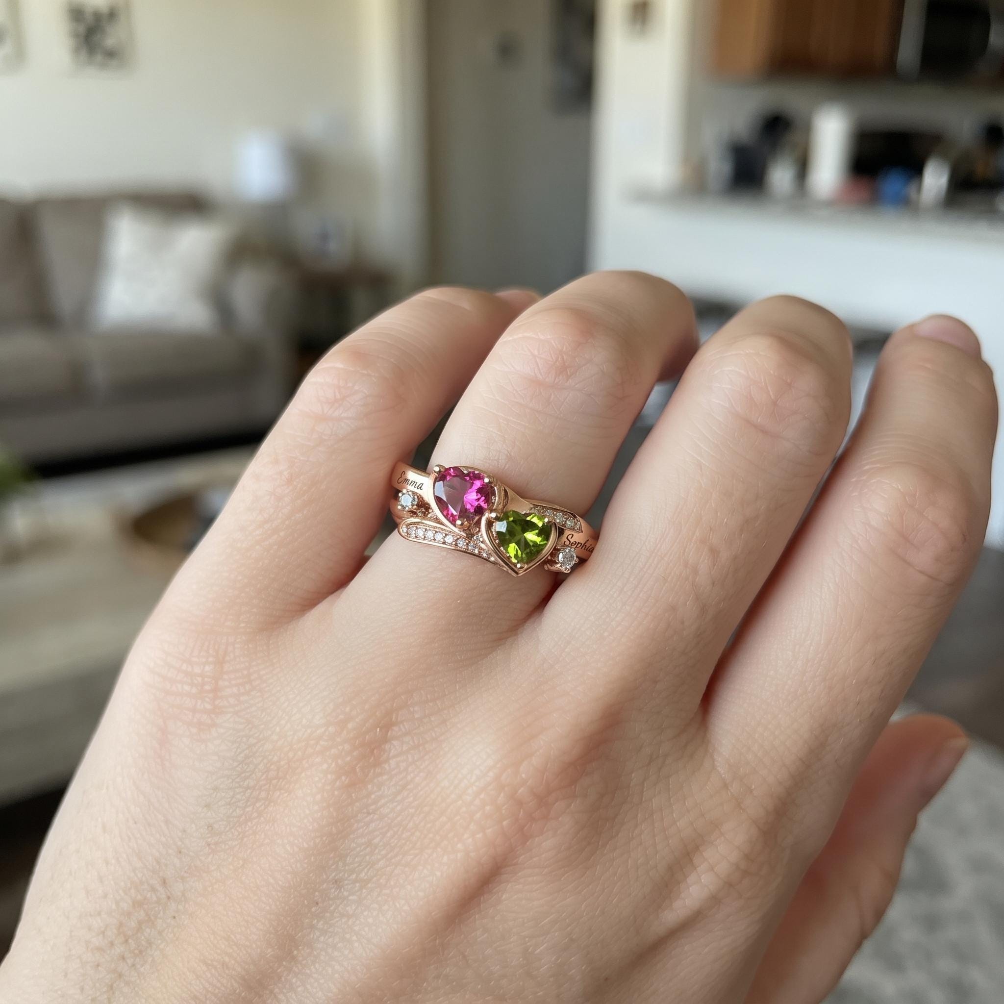 Personalized two-heart name and birthstone ring