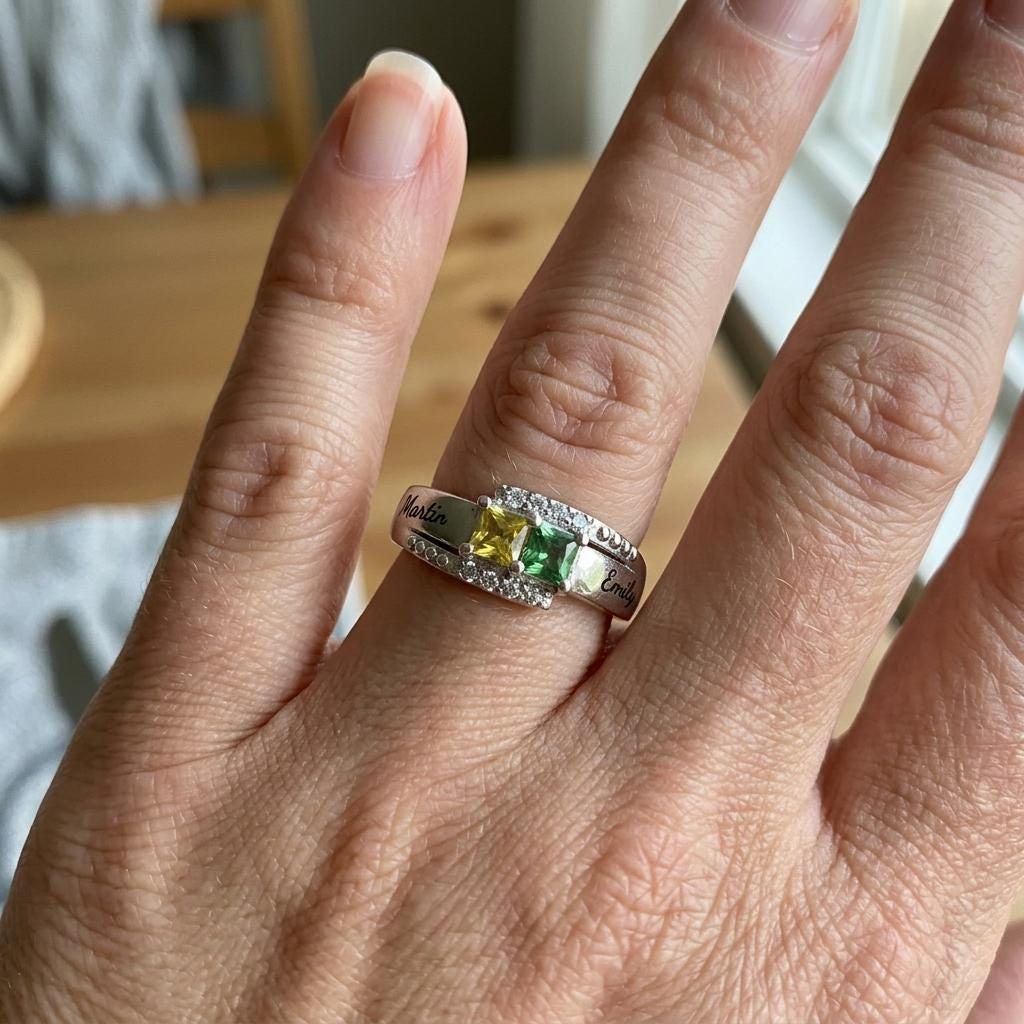 Personalized two-name birthstone ring with inside engraving